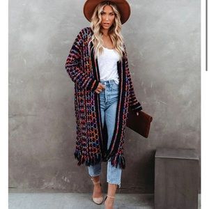 Fashion Nova Women Bohemian Sweater Long Open Front Colorful Fringe Cardigan